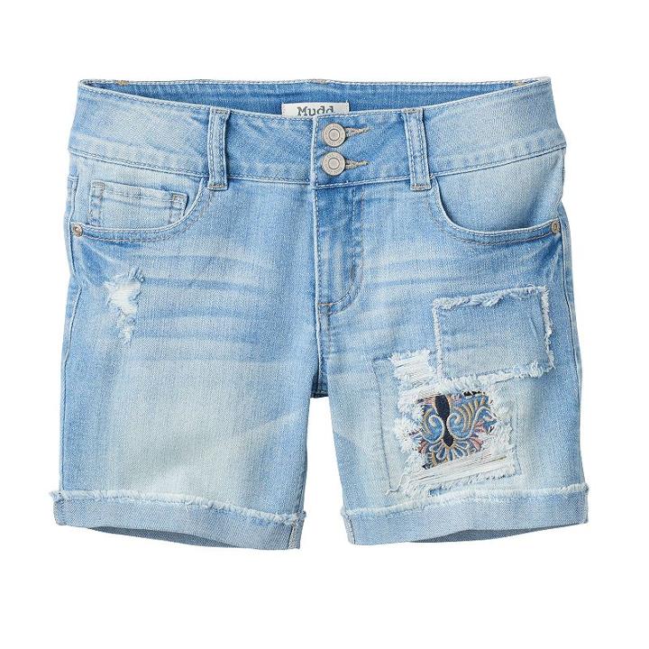 Girls 7-16 & Plus Size Mudd&reg; Light Wash Patch Midi Jean Shorts, Girl's, Size: 8, Light Blue