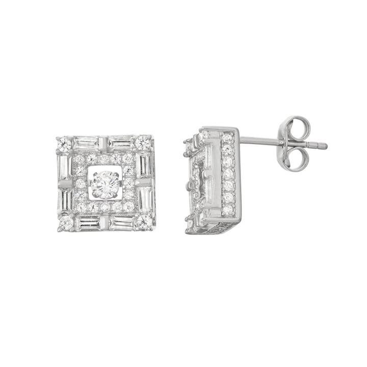 Sterling Silver Dancing Cubic Zirconia Square Stud Earrings, Women's, White