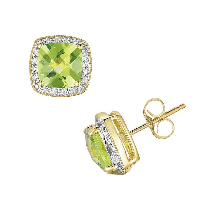 14k Gold 1/8-ct. T.w. Diamond And Peridot Stud Earrings, Women's, Green