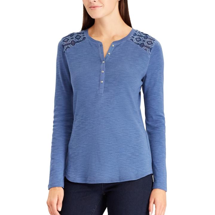 Women's Chaps Embroidered Yoke Henley, Size: Xs, Blue