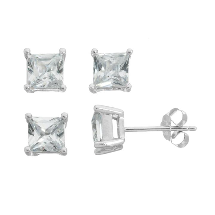 Cubic Zirconia Sterling Silver Square Stud Earring Set, Women's, White