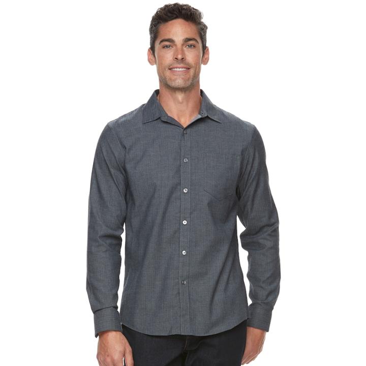 Men's Apt. 9&reg; Slim-fit Herringbone Stretch Button-down Shirt, Size: Xxl Slim, Grey