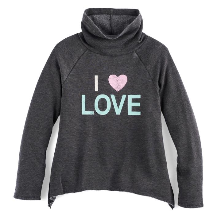 Girls 7-16 So&reg; Cowlneck Curved Hem Fleece-lined Graphic Top, Size: 10, Light Grey