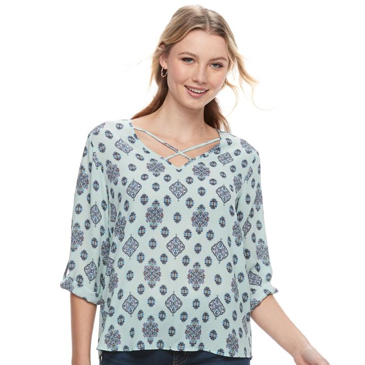 Juniors' Pink Republic Print Cross Front Top, Teens, Size: Large, Green
