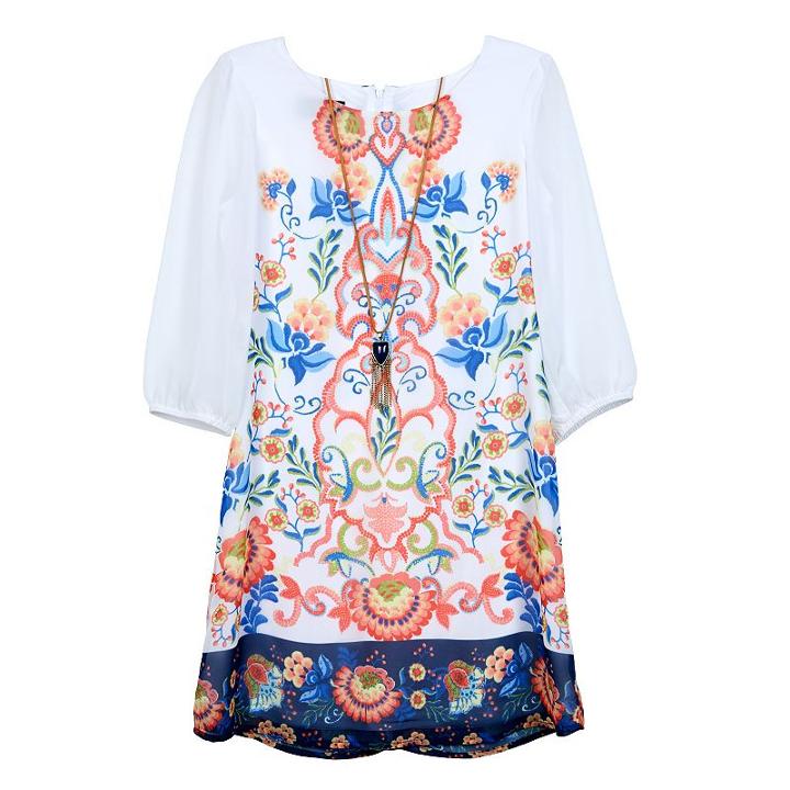 Girls 7-16 Iz Amy Byer 3/4-length Sleeve Patterned Chiffon Shirt Dress With Necklace, Girl's, Size: 12, Ovrfl Oth