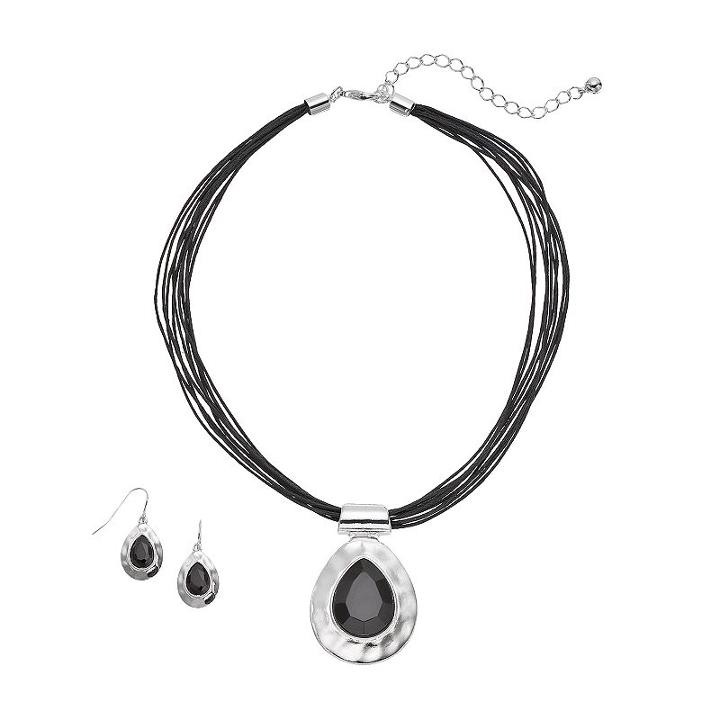 Hammered Teardrop Necklace & Earring Set, Women's, Black