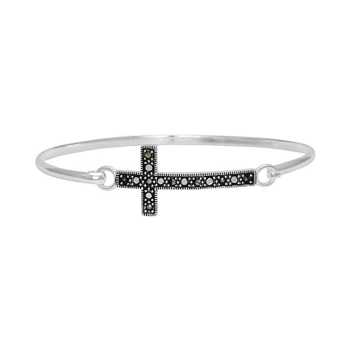 Silver-plated Marcasite Sideways Cross Bangle Bracelet, Women's, Grey