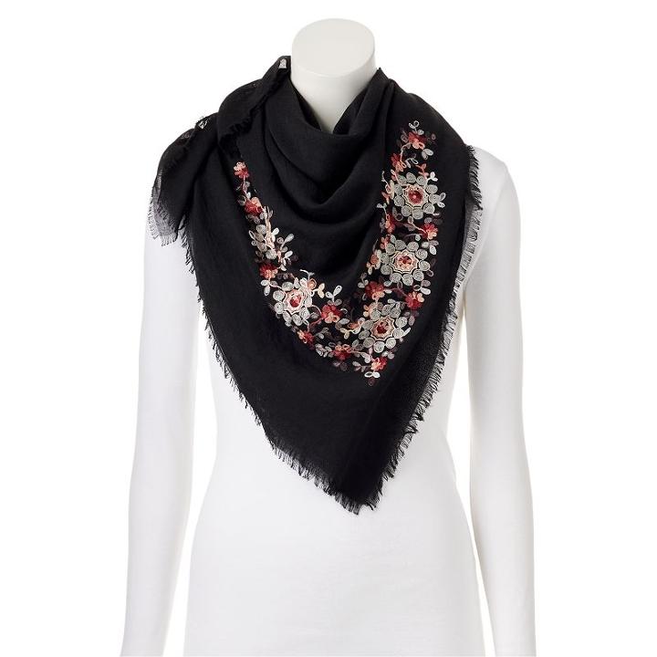 Lc Lauren Conrad Embroidered Floral Square Scarf, Women's, Black