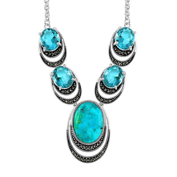 Le Vieux Silver - Plated Turquoise Cabochon And Blue Topaz Necklace - Made With Swarovski Marcasite, Women's, Size: 17, Turq/aqua