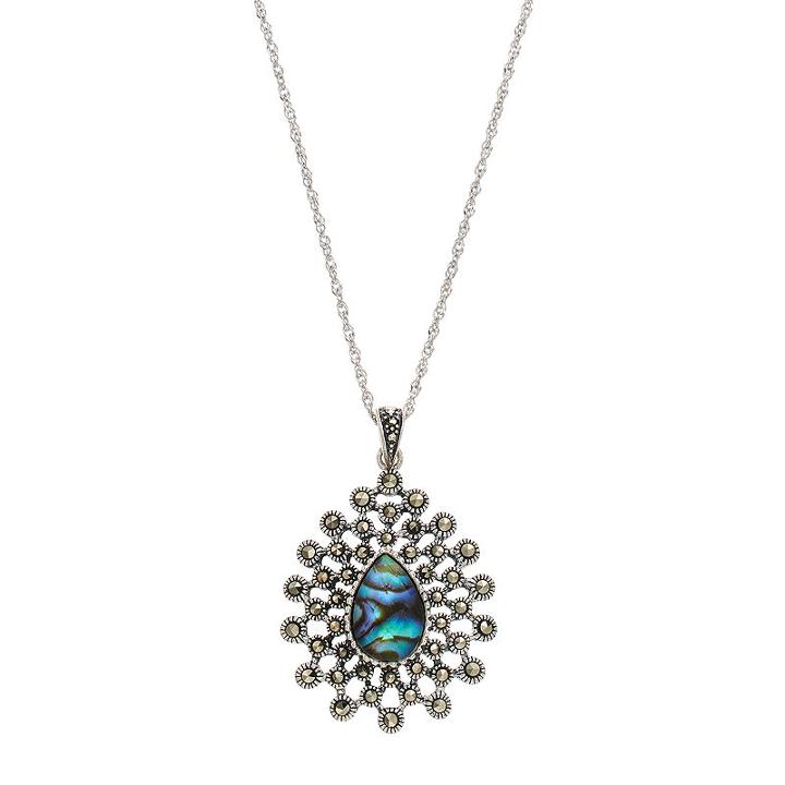 Tori Hill Sterling Silver Abalone & Marcasite Starburst Teardrop Pendant Necklace, Women's, Size: 18, Grey