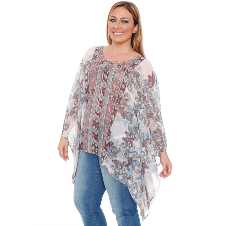 Plus Size White Mark Printed Chiffon Poncho, Women's, Size: 2xl, Dark Red