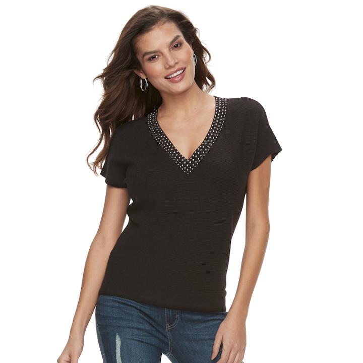 Women's Jennifer Lopez Studded V-neck Sweater, Size: Small, Black