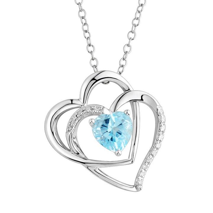 Two Hearts Forever One Blue Topaz & Diamond Accent Sterling Silver Double Heart Pendant Necklace, Women's