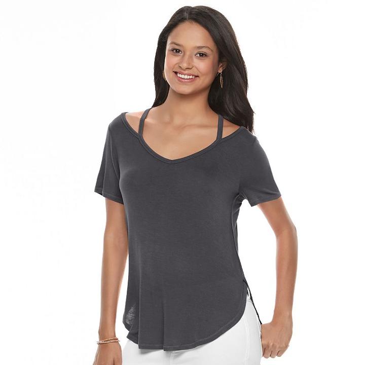 Juniors' Mudd&reg; Strappy V-neck Tee, Teens, Size: Xs, Grey (charcoal)