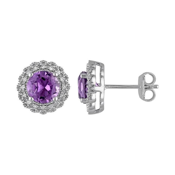 Sterling Silver Amethyst & 1/10 Carat T.w. Diamond Halo Earrings, Women's, Purple