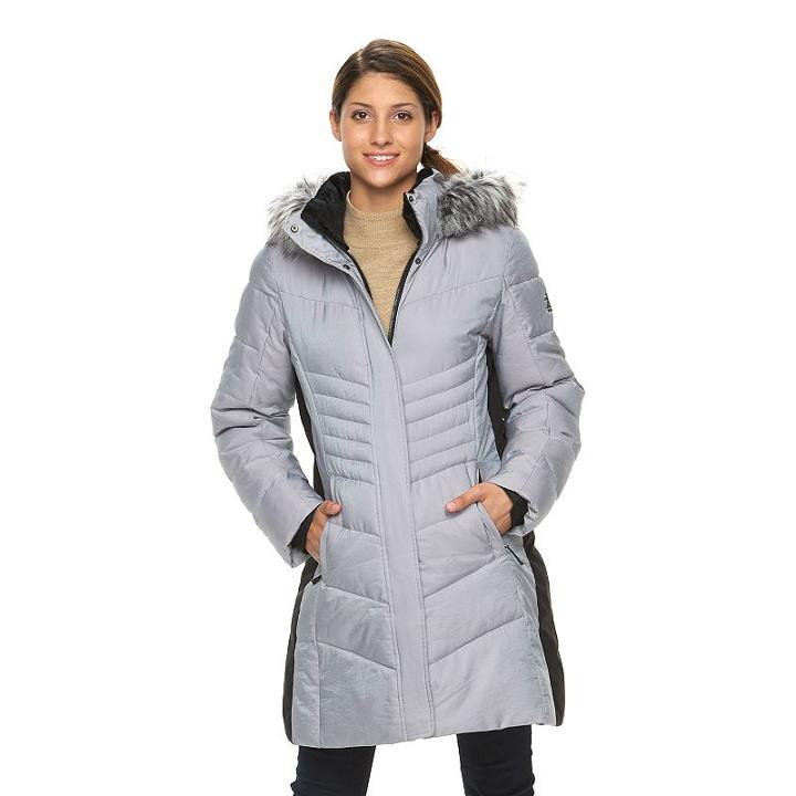 Women's Zeroxposur Black Label Faux-fur Hooded Quilted Puffer Jacket, Size: Small, Med Grey