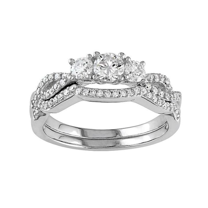 10k White Gold 3/4 Carat T.w. Diamond 3-stone Engagement Ring Set, Women's, Size: 8