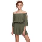 Juniors' Love, Fire Embroidered Off-the-shoulder Romper, Teens, Size: Large, Dark Green
