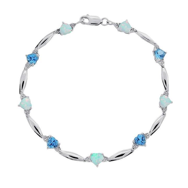 Sterling Silver Blue Topaz, Lab-created Opal And Diamond Accent Heart Bracelet, Women's, Size: 7.5