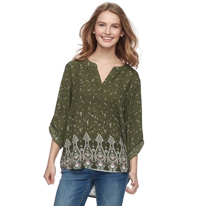 Juniors' Pink Republic Printed Popover Top, Teens, Size: Small, Green