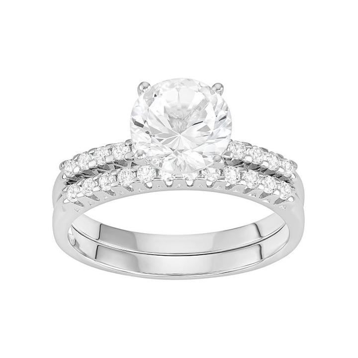 100 Facets Of Love 10k White Gold Lab-created White Sapphire Engagement Ring Set, Women's, Size: 7
