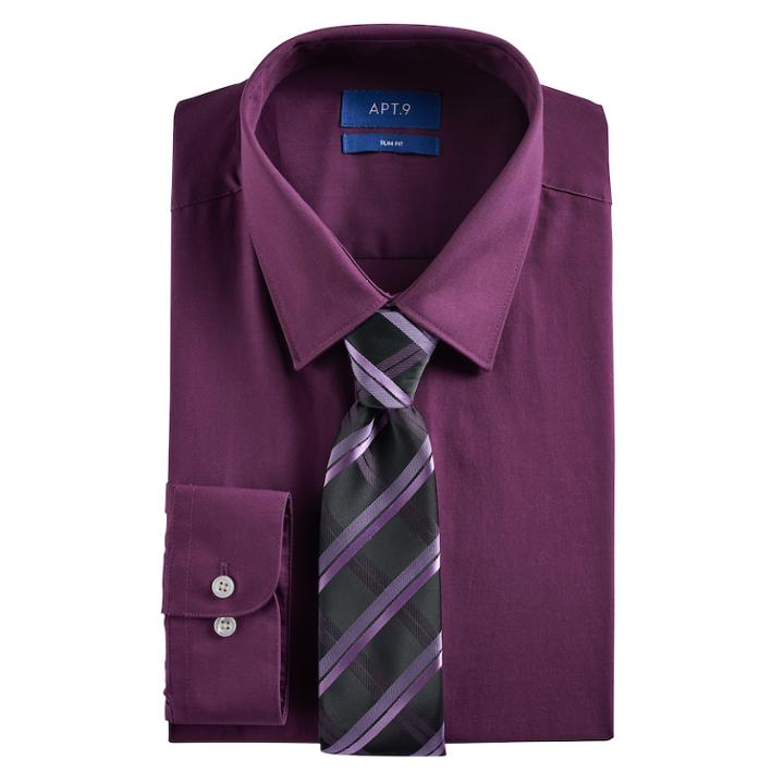 Men's Apt. 9&reg; Slim-fit Stretch Spread-collar Dress Shirt & Tie Set, Size: L-32/33, Purple