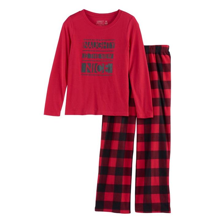 Girls 7-16 Jammies For Your Families Naughty Is The New Nice Top & Fleece Buffalo Plaid Bottoms Pajama Set, Size: 7-8, Red