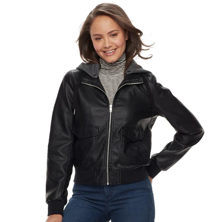 Juniors' Sebby Fleece Hood Faux-leather Bomber Jacket, Teens, Size: Medium, Black