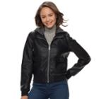 Juniors' Sebby Fleece Hood Faux-leather Bomber Jacket, Teens, Size: Medium, Black