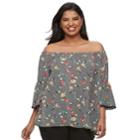Juniors' Plus Size Liberty Love Striped Floral Off-the-shoulder Bell Sleeve Top, Teens, Size: 3xl, Black Multi