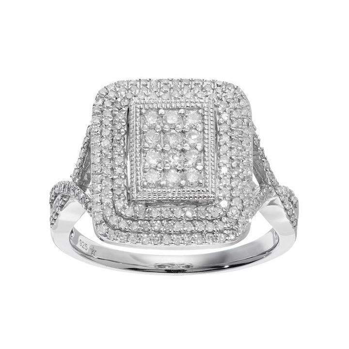 Sterling Silver 3/4 Carat T.w. Diamond Rectangle Ring, Women's, Size: 6, White