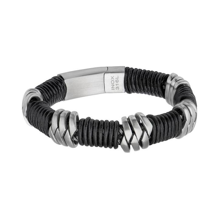 Stainless Steel Leather Bracelet - Men, Size: 8.5, Black