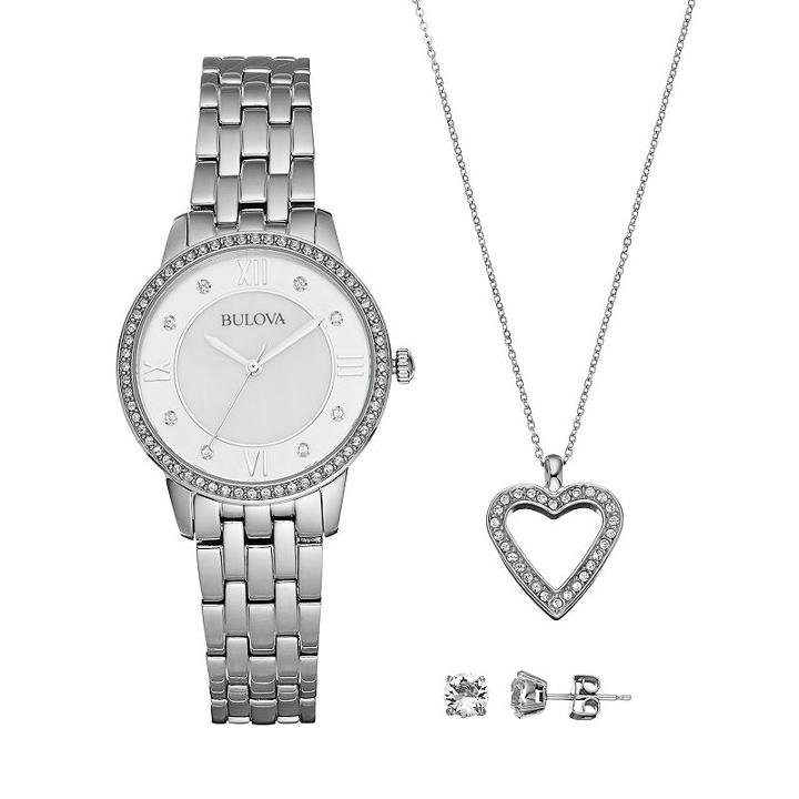 Bulova Women's Crystal Stainless Steel Watch, Heart Pendant Necklace & Earring Set - 96x138, Grey