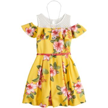 Girls 7-16 Beautees Floral Cold Shoulder Belted Skater Dress With Necklace, Size: 14, Drk Yellow