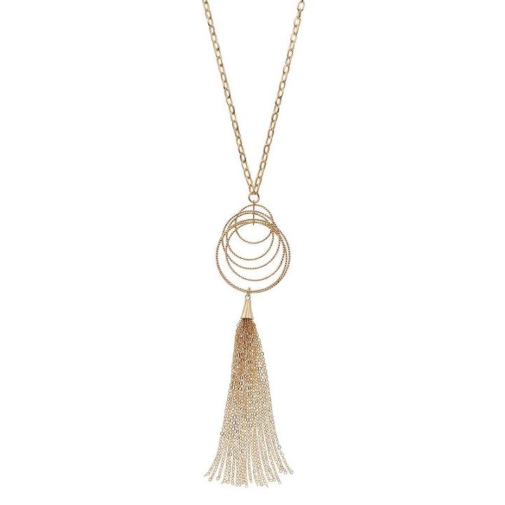 Long Textured Circle Tassel Y Necklace, Women's, Gold