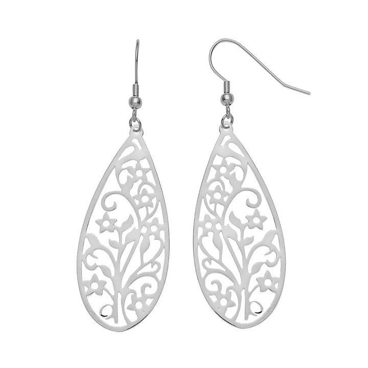 Silver-plated Stainless Steel Filigree Flower Teardrop Earrings, Women's, Grey