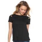 Juniors' Pink Republic Solid Crepe Lattice Shoulder Tee, Teens, Size: Large, Black