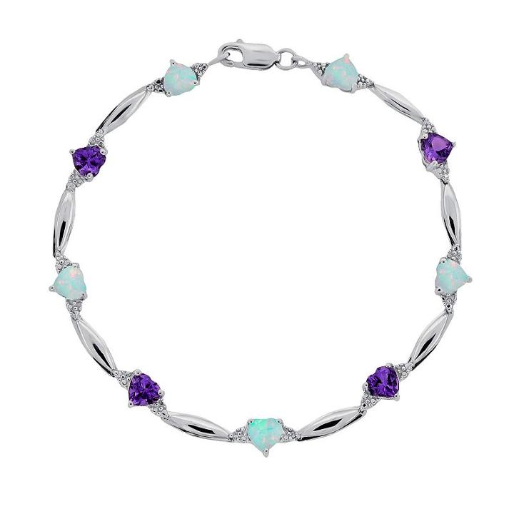 Sterling Silver Amethyst, Lab-created Opal And Diamond Accent Heart Bracelet, Women's, Size: 7.5, Purple