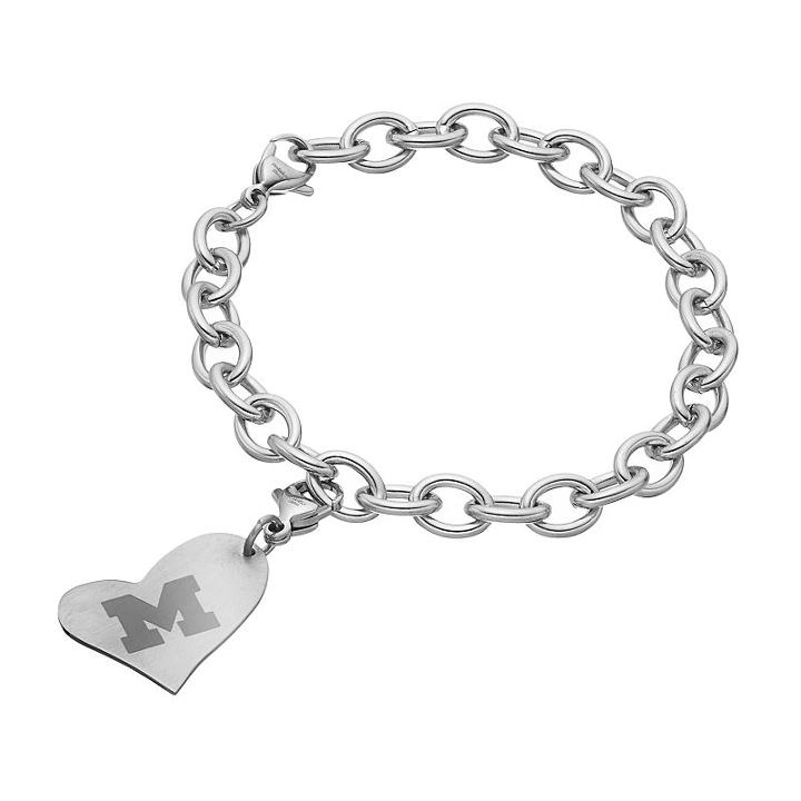 Fiora Stainless Steel Michigan Wolverines Heart Charm Bracelet, Women's, Size: 8, Grey