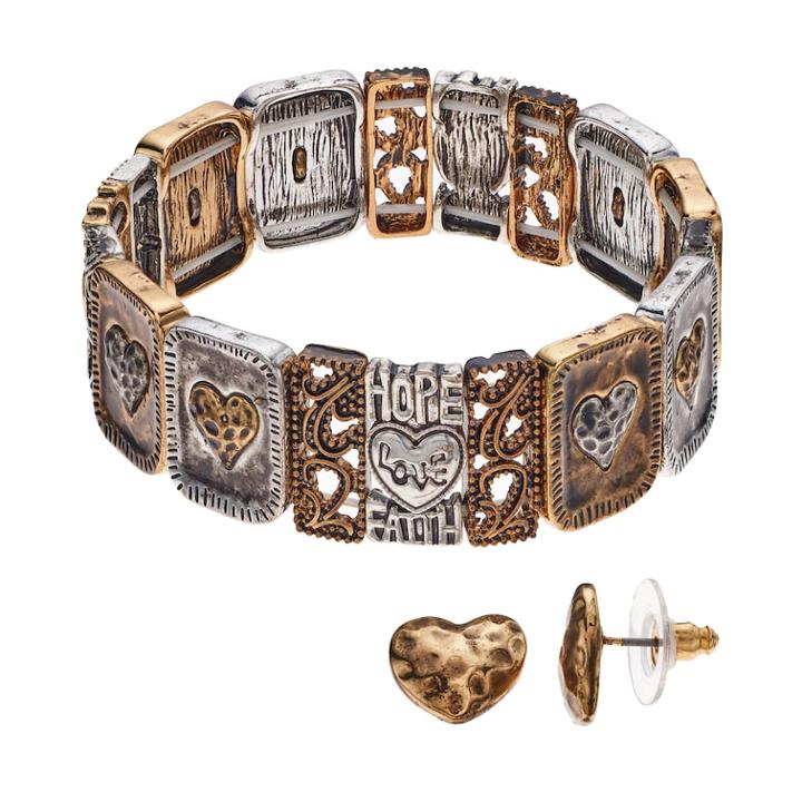 Believe In Love Heart Stretch Bracelet & Stud Earring Set, Women's, Multicolor