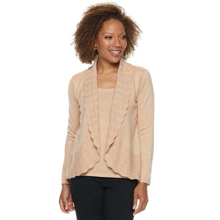 Petite Napa Valley Scallop Trim Long Sleeve Top, Women's, Size: M Petite, Med Beige