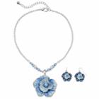 Blue Flower Pendant Necklace & Drop Earring Set, Women's