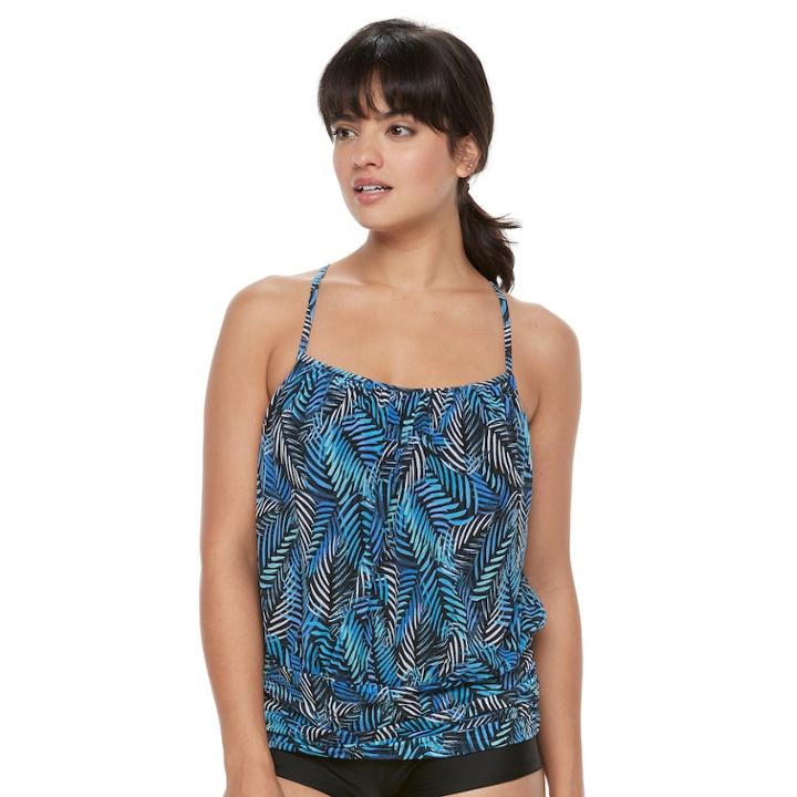 Women's A Shore Fit Tummy Slimmer Mesh Blouson Tankini Top, Size: 10, Blue