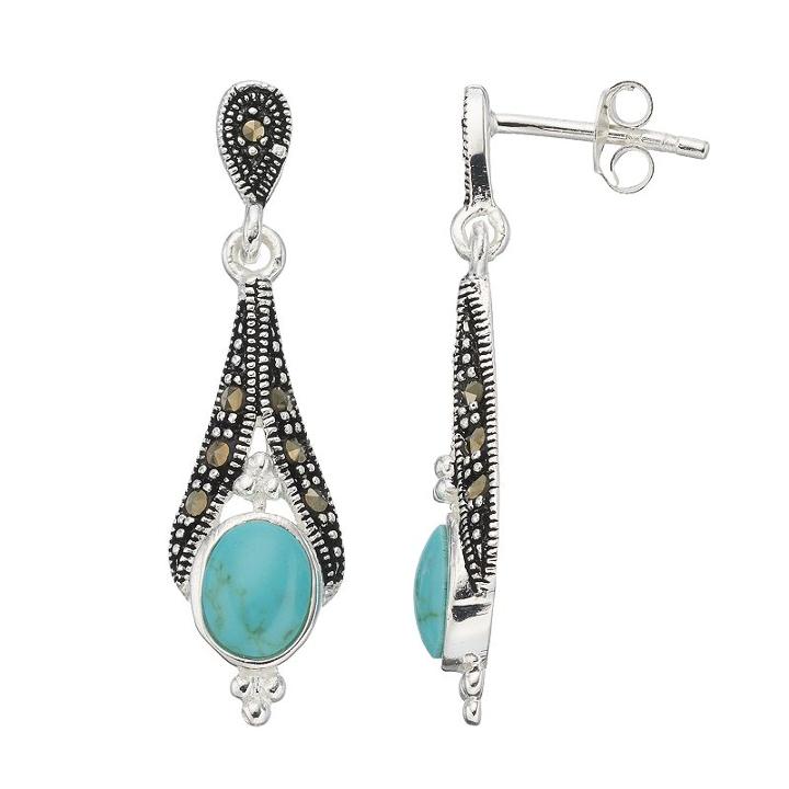 Silver Luxuries Simulated Turquoise & Marcasite Oval Cabochon Drop Earrings, Women's, Blue