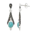 Silver Luxuries Simulated Turquoise & Marcasite Oval Cabochon Drop Earrings, Women's, Blue