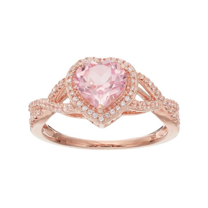 14k Rose Gold Over Silver Lab-created Morganite & White Sapphire Heart Halo Ring, Women's, Size: 8, Pink