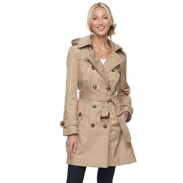 Women's Towne By London Fog Hooded Double-breasted Belted Trench Coat, Size: Xl, Beig/green (beig/khaki)