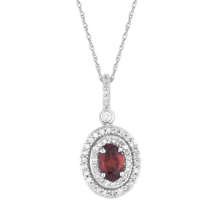 10k White Gold Garnet & 1/4 Carat T.w. Diamond Oval Halo Pendant Necklace, Women's, Size: 18, Red