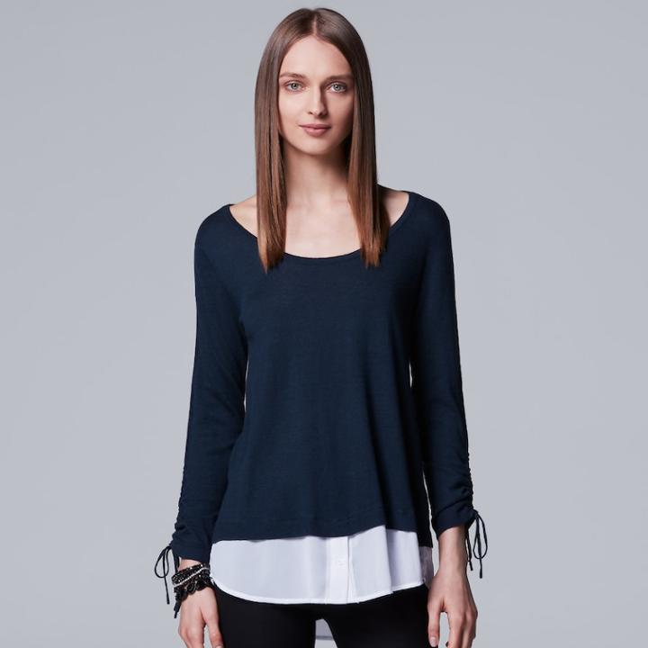 Petite Simply Vera Vera Wang Drawstring Mock-layer Top, Women's, Size: Xl Petite, Dark Blue