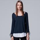 Petite Simply Vera Vera Wang Drawstring Mock-layer Top, Women's, Size: Xl Petite, Dark Blue